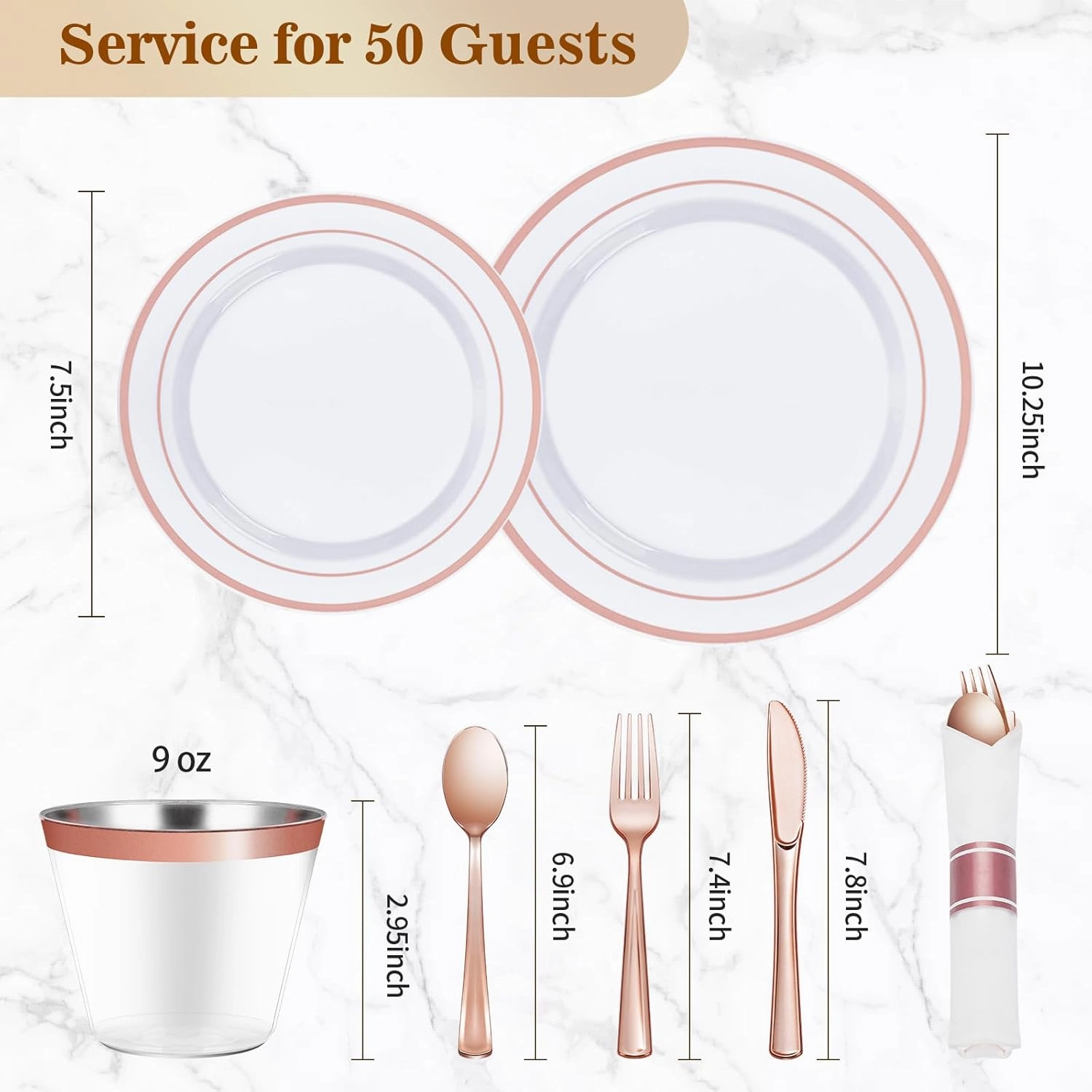 350PCS Rose Gold Plastic Dinnerware Set, Disposable Party Plates for 50 Guests, Include: 100 Plastic Plates, 50 Pre Rolled Napkins with Rose Gold Silverware, 50 Cups