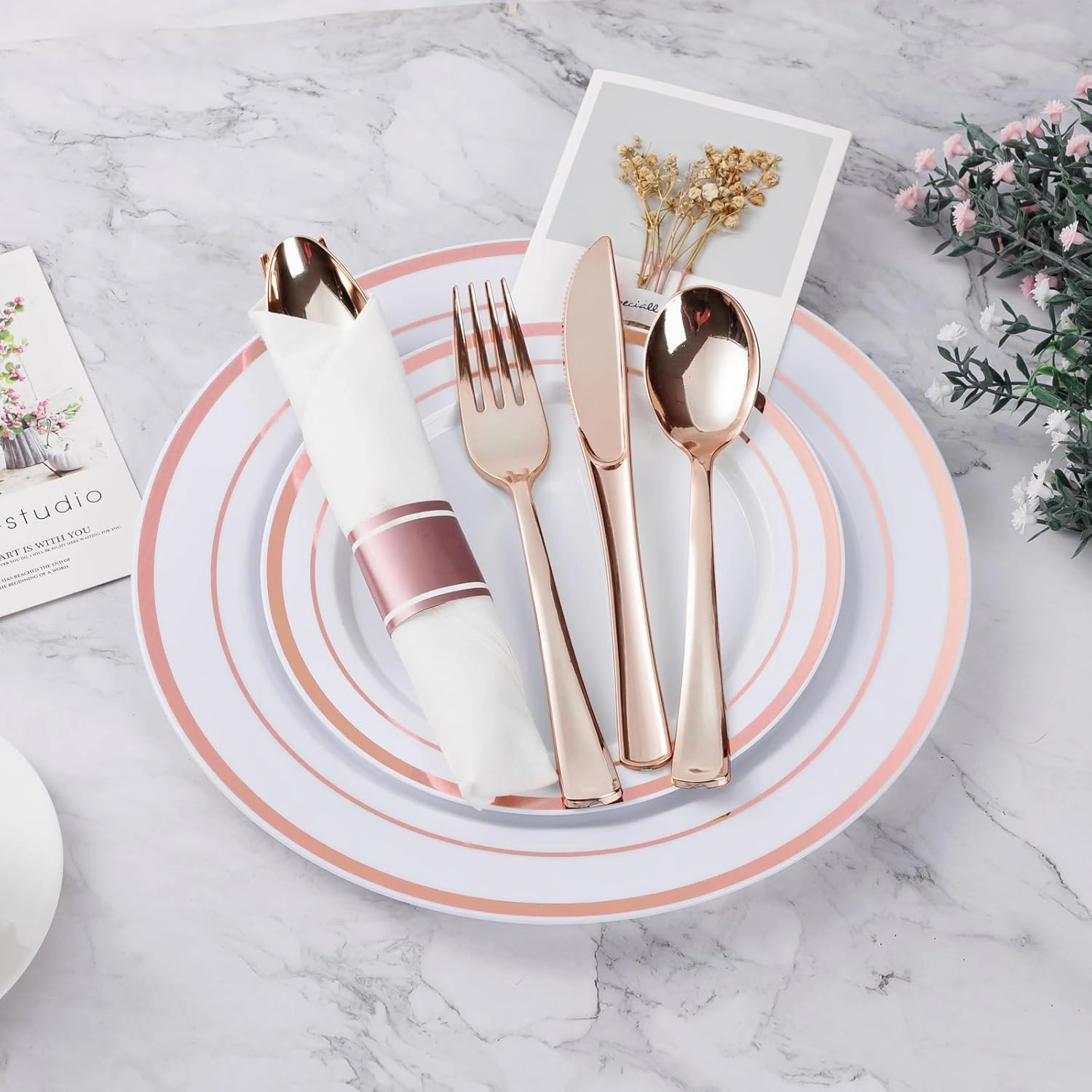 350PCS Rose Gold Plastic Dinnerware Set, Disposable Party Plates for 50 Guests, Include: 100 Plastic Plates, 50 Pre Rolled Napkins with Rose Gold Silverware, 50 Cups