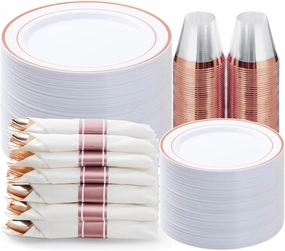 350PCS Rose Gold Plastic Dinnerware Set, Disposable Party Plates for 50 Guests, Include: 100 Plastic Plates, 50 Pre Rolled Napkins with Rose Gold Silverware, 50 Cups
