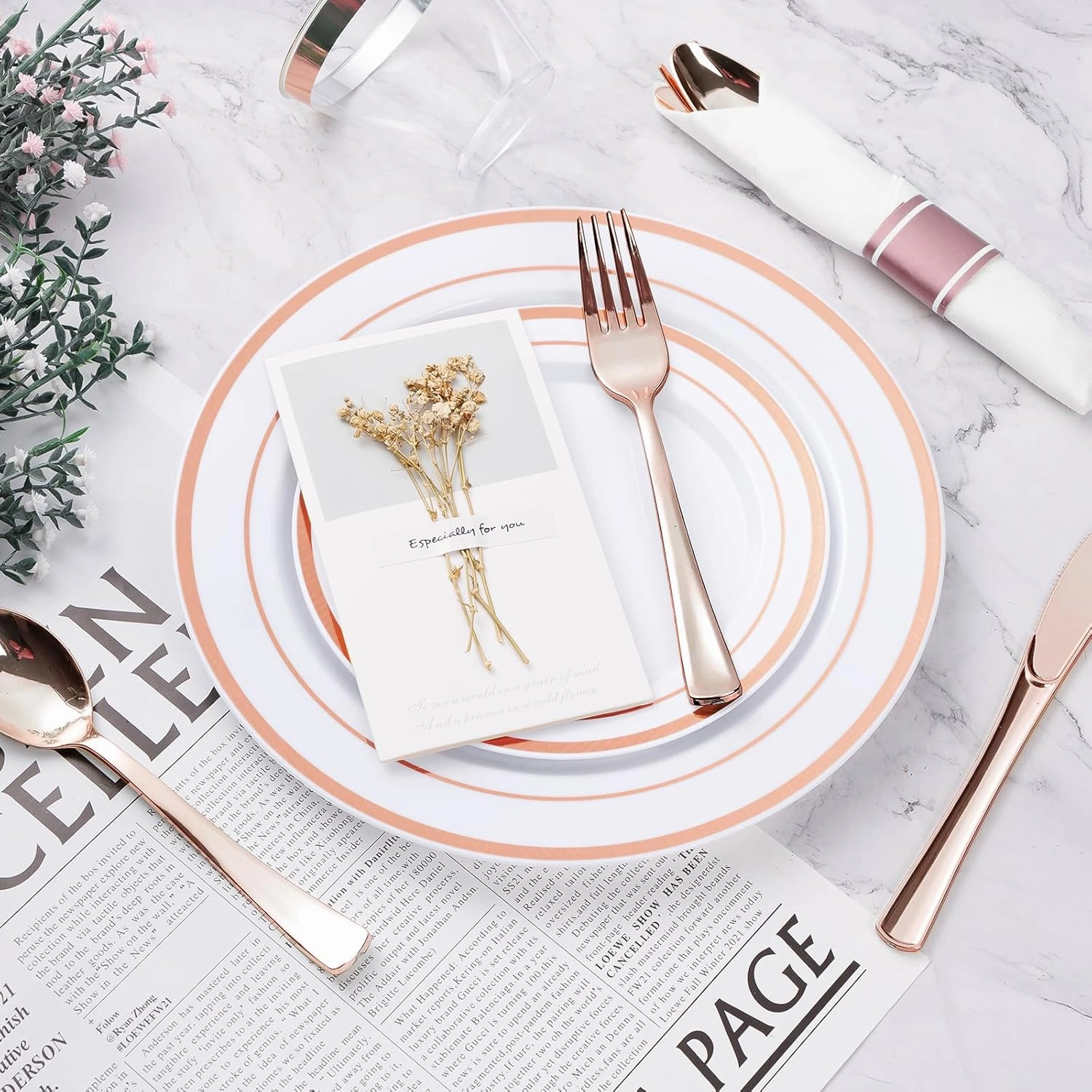 350PCS Rose Gold Plastic Dinnerware Set, Disposable Party Plates for 50 Guests, Include: 100 Plastic Plates, 50 Pre Rolled Napkins with Rose Gold Silverware, 50 Cups