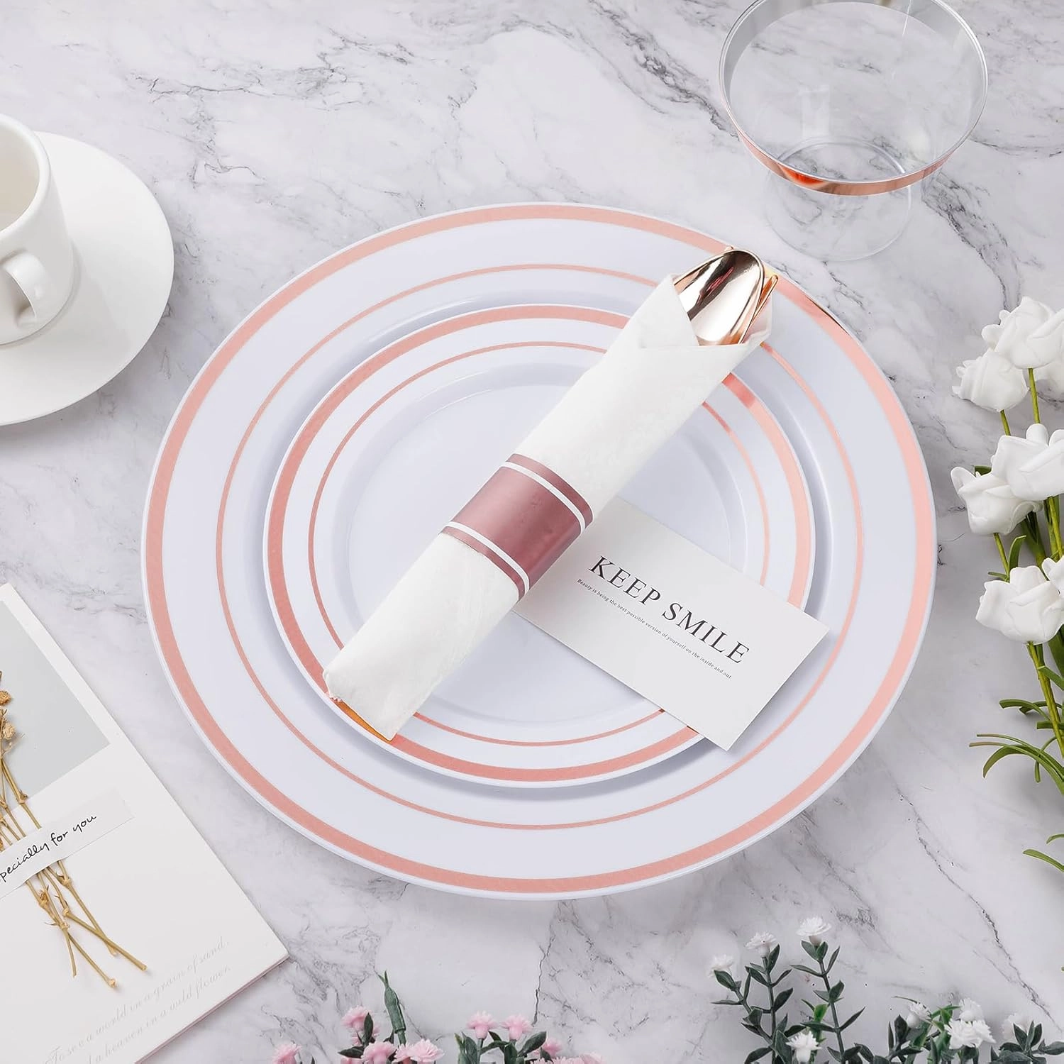 350PCS Rose Gold Plastic Dinnerware Set, Disposable Party Plates for 50 Guests, Include: 100 Plastic Plates, 50 Pre Rolled Napkins with Rose Gold Silverware, 50 Cups