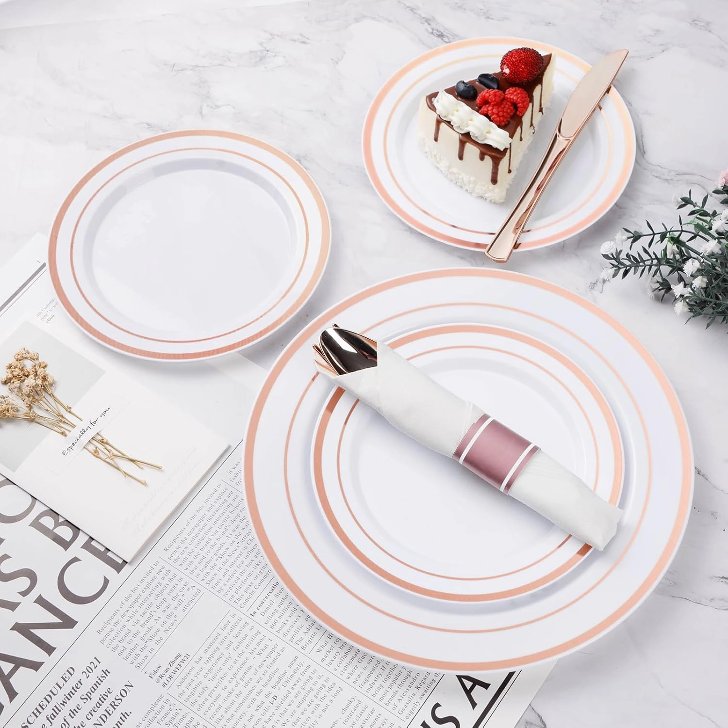 350PCS Rose Gold Plastic Dinnerware Set, Disposable Party Plates for 50 Guests, Include: 100 Plastic Plates, 50 Pre Rolled Napkins with Rose Gold Silverware, 50 Cups