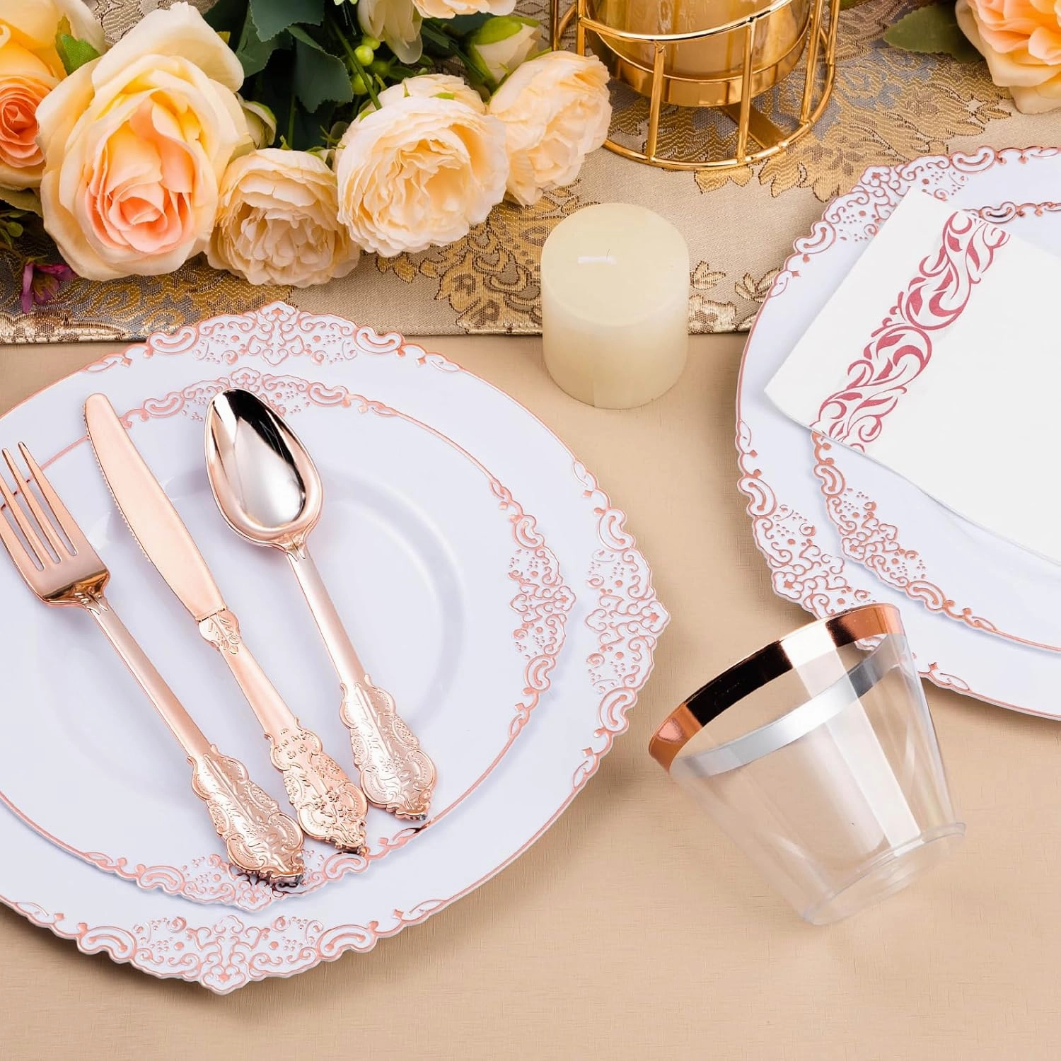 350PCS Rose Gold Plastic Plates for 50 Guests, Disposable Dinnerware Set Includes 100 Disposable Plates, 150 Rose Silverware, 50 Cups, 50 Napkins for Party, Wedding