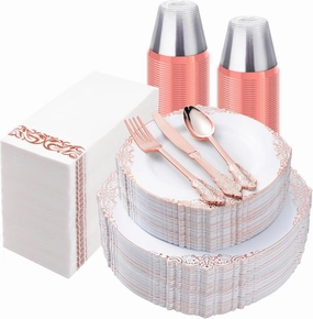 350PCS Rose Gold Plastic Plates for 50 Guests, Disposable Dinnerware Set Includes 100 Disposable Plates, 150 Rose Silverware, 50 Cups, 50 Napkins for Party, Wedding