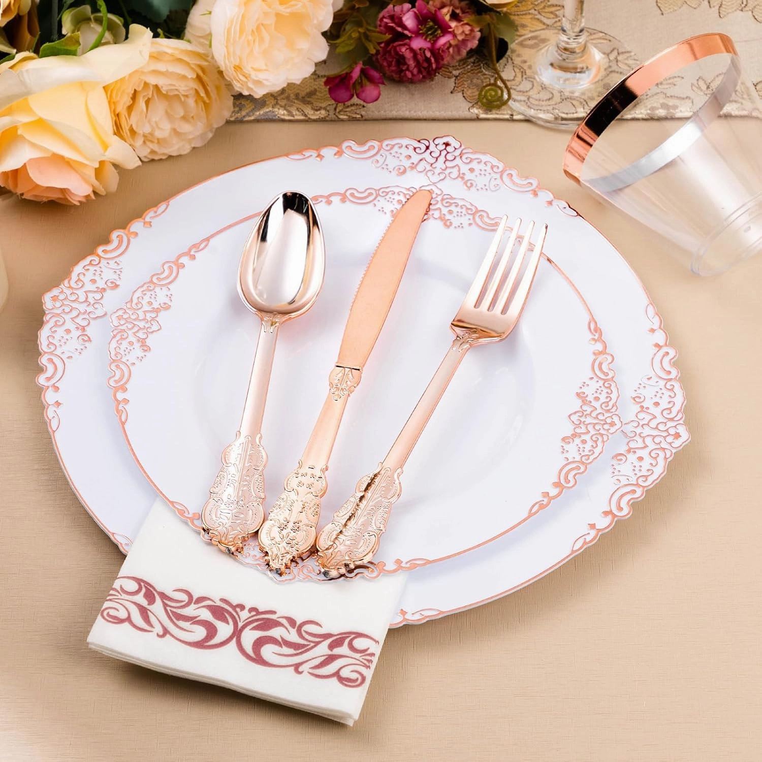 350PCS Rose Gold Plastic Plates for 50 Guests, Disposable Dinnerware Set Includes 100 Disposable Plates, 150 Rose Silverware, 50 Cups, 50 Napkins for Party, Wedding