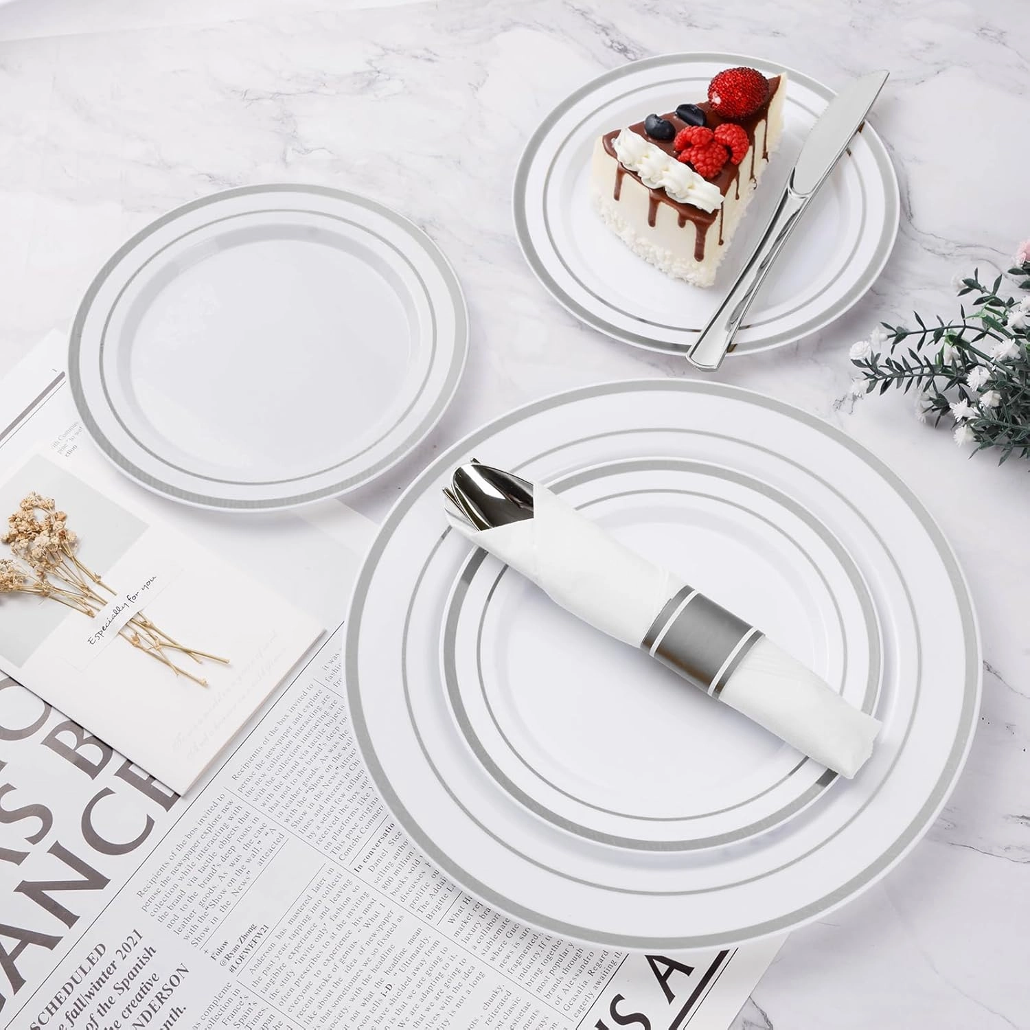 350PCS Silver Plastic Dinnerware Set, Disposable Party Plates for 50 Guests, Include: 100 Plastic Plates, 50 Pre Rolled Napkins with Silver Silverware, 50 Cups