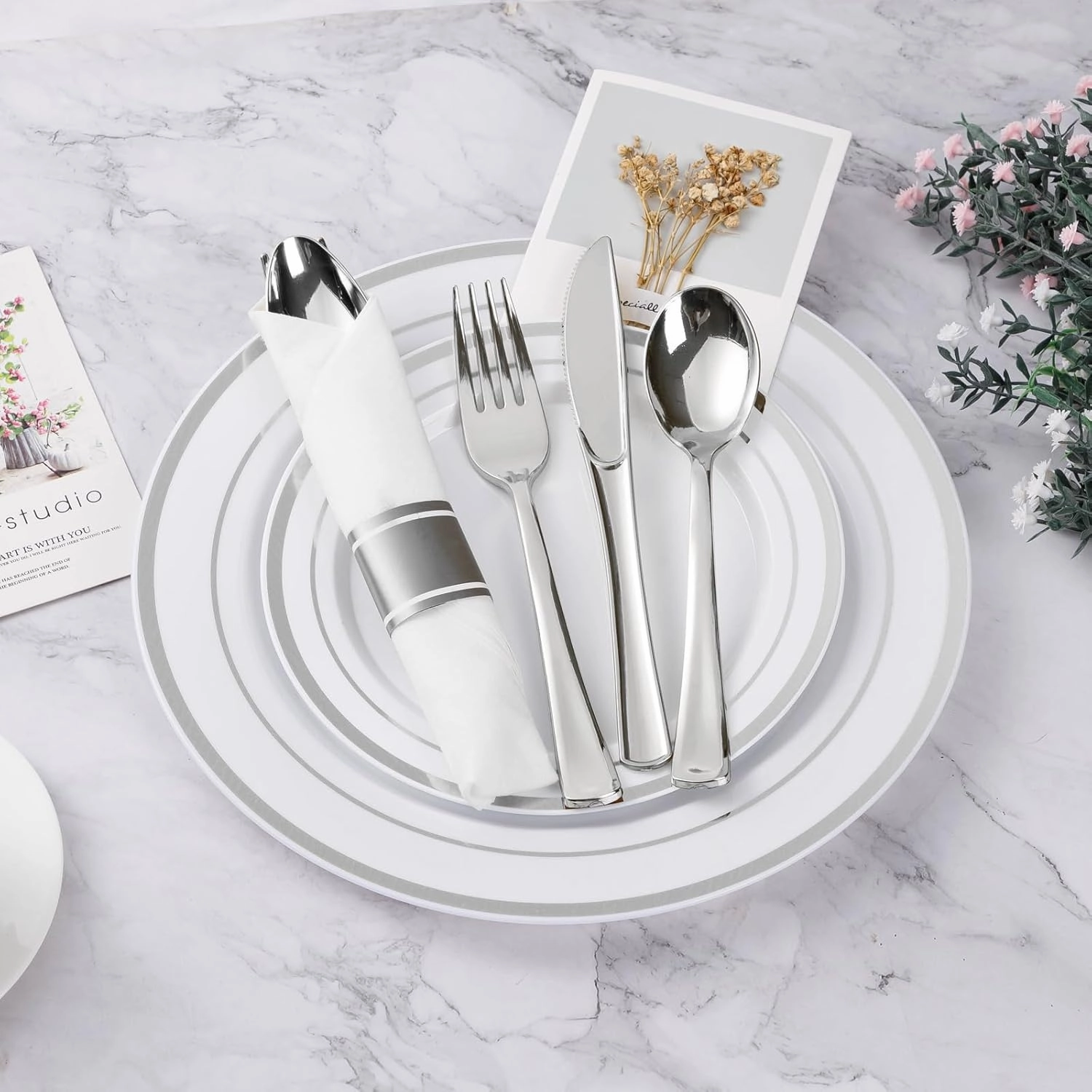 350PCS Silver Plastic Dinnerware Set, Disposable Party Plates for 50 Guests, Include: 100 Plastic Plates, 50 Pre Rolled Napkins with Silver Silverware, 50 Cups