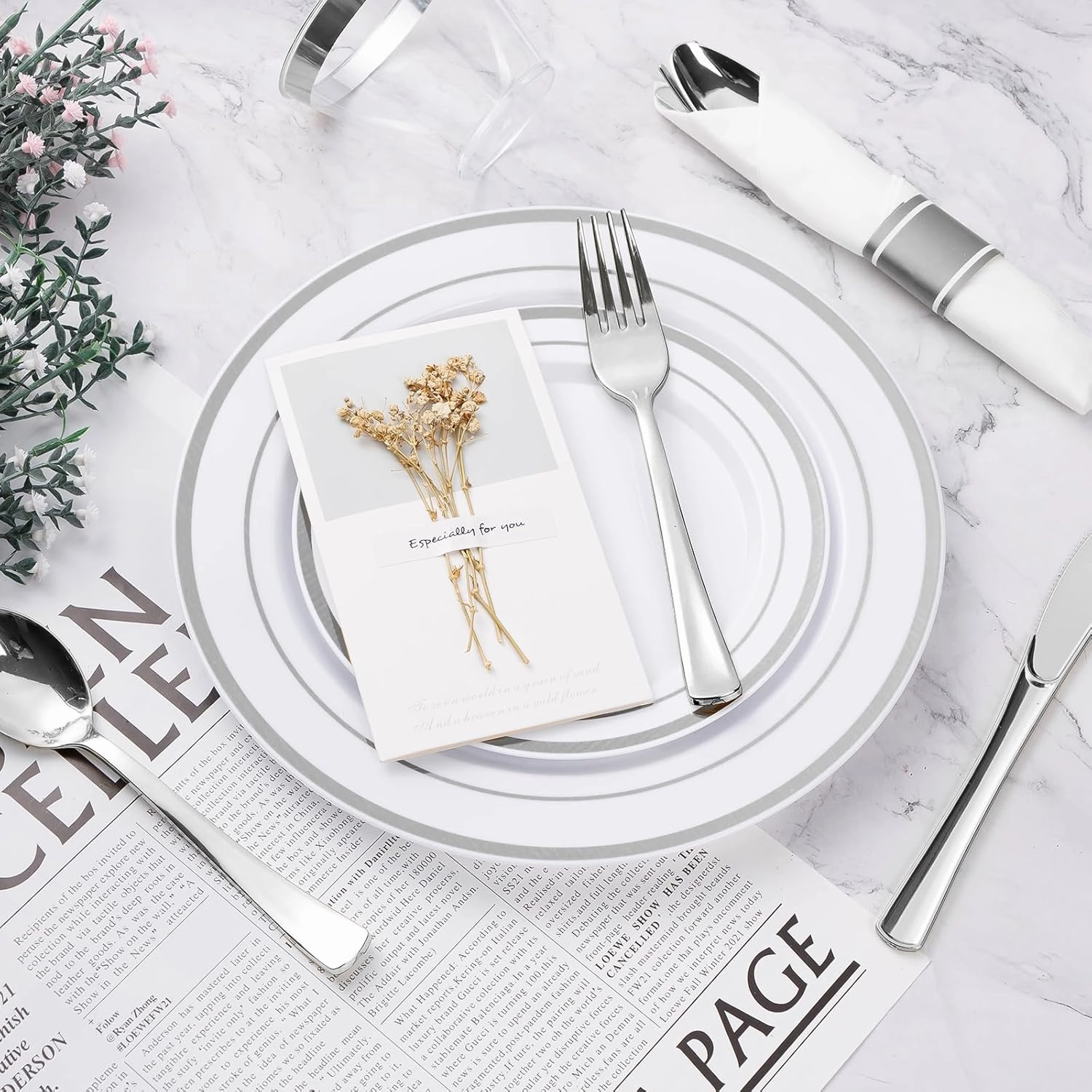 350PCS Silver Plastic Dinnerware Set, Disposable Party Plates for 50 Guests, Include: 100 Plastic Plates, 50 Pre Rolled Napkins with Silver Silverware, 50 Cups
