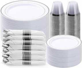 350PCS Silver Plastic Dinnerware Set, Disposable Party Plates for 50 Guests, Include: 100 Plastic Plates, 50 Pre Rolled Napkins with Silver Silverware, 50 Cups