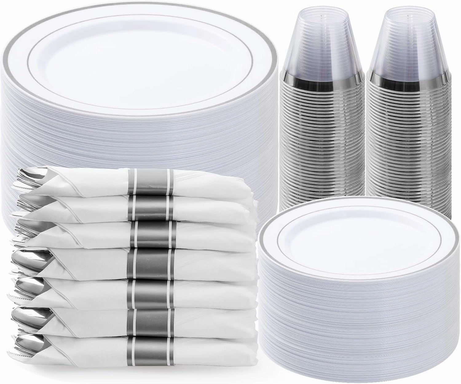 350PCS Silver Plastic Dinnerware Set, Disposable Party Plates for 50 Guests, Include: 100 Plastic Plates, 50 Pre Rolled Napkins with Silver Silverware, 50 Cups