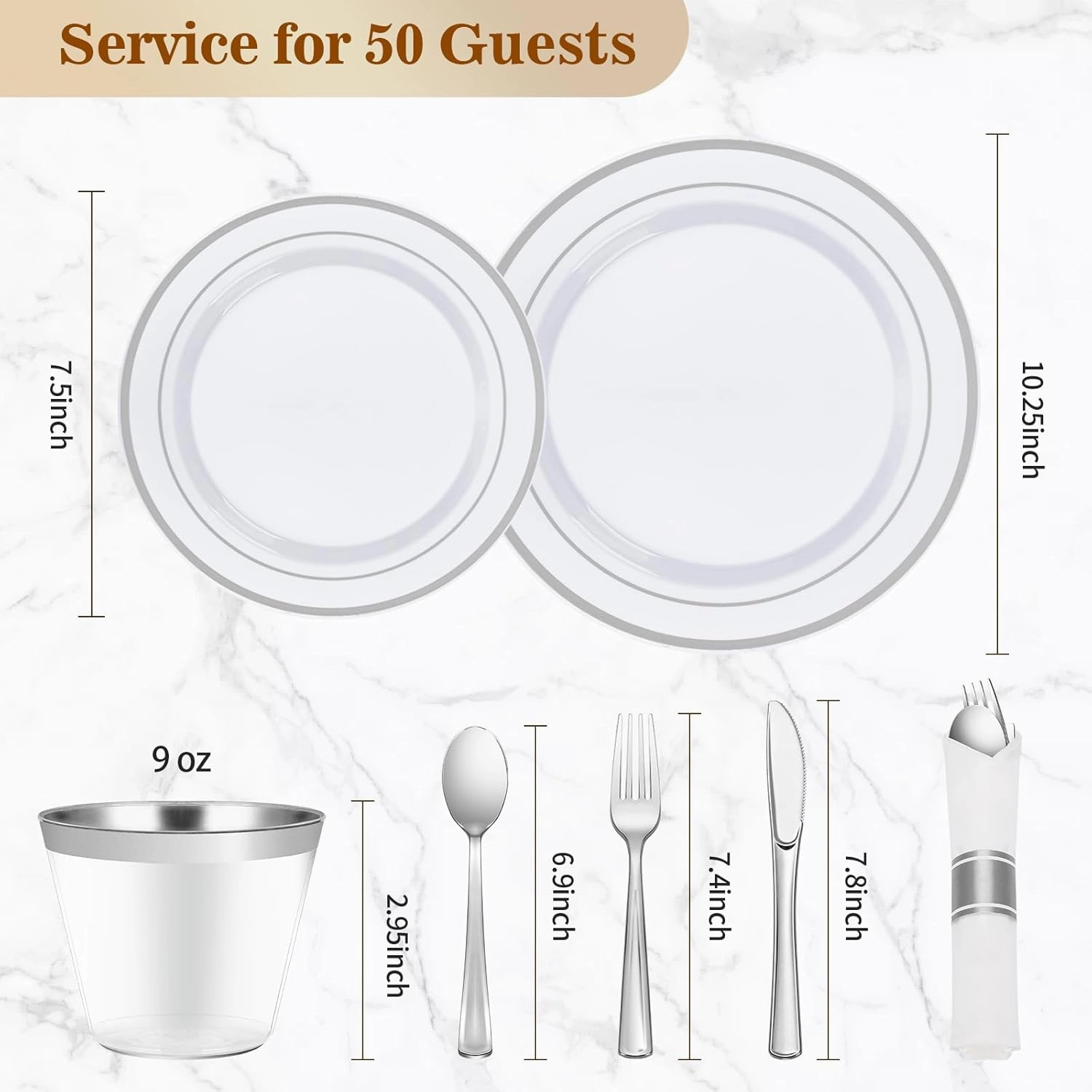 350PCS Silver Plastic Dinnerware Set, Disposable Party Plates for 50 Guests, Include: 100 Plastic Plates, 50 Pre Rolled Napkins with Silver Silverware, 50 Cups