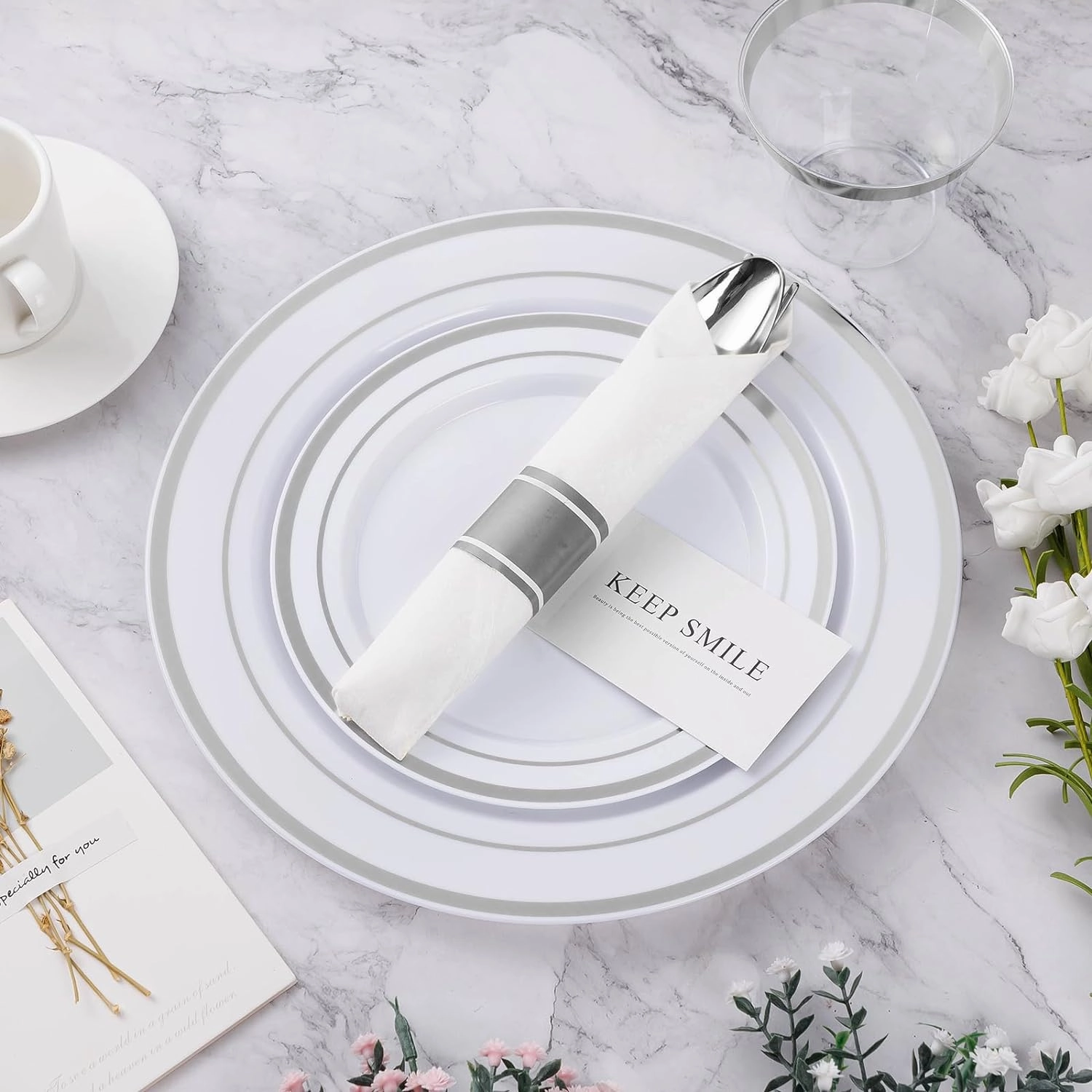 350PCS Silver Plastic Dinnerware Set, Disposable Party Plates for 50 Guests, Include: 100 Plastic Plates, 50 Pre Rolled Napkins with Silver Silverware, 50 Cups