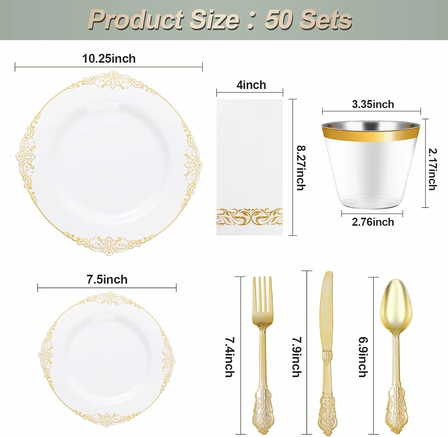 350PCS White and Gold Plastic Plates for 50 Guests, Disposable Dinnerware Set Includes 100 Disposable Plates, 150 Gold Silverware, 50 Cups, 50 Napkins for Party, Wedding