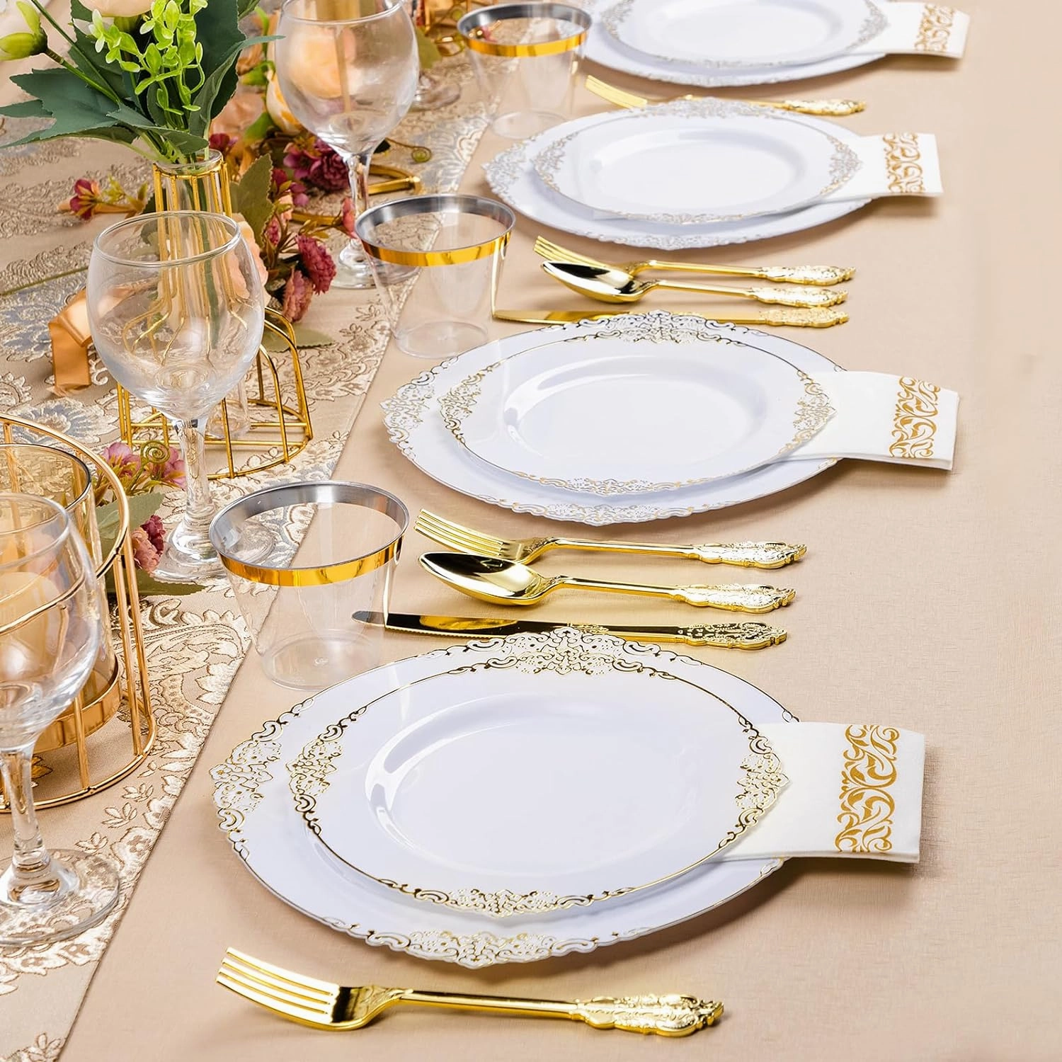 350PCS White and Gold Plastic Plates for 50 Guests, Disposable Dinnerware Set Includes 100 Disposable Plates, 150 Gold Silverware, 50 Cups, 50 Napkins for Party, Wedding