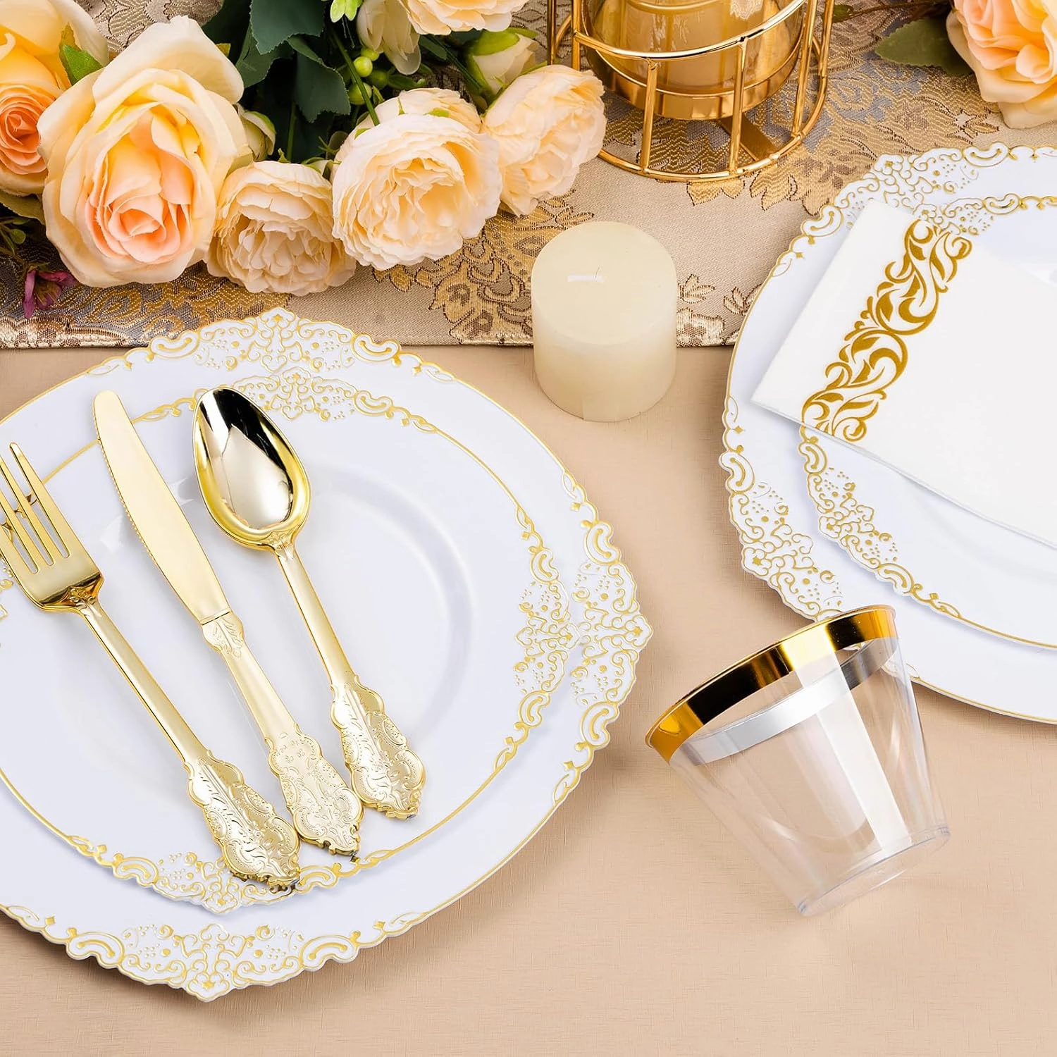 350PCS White and Gold Plastic Plates for 50 Guests, Disposable Dinnerware Set Includes 100 Disposable Plates, 150 Gold Silverware, 50 Cups, 50 Napkins for Party, Wedding