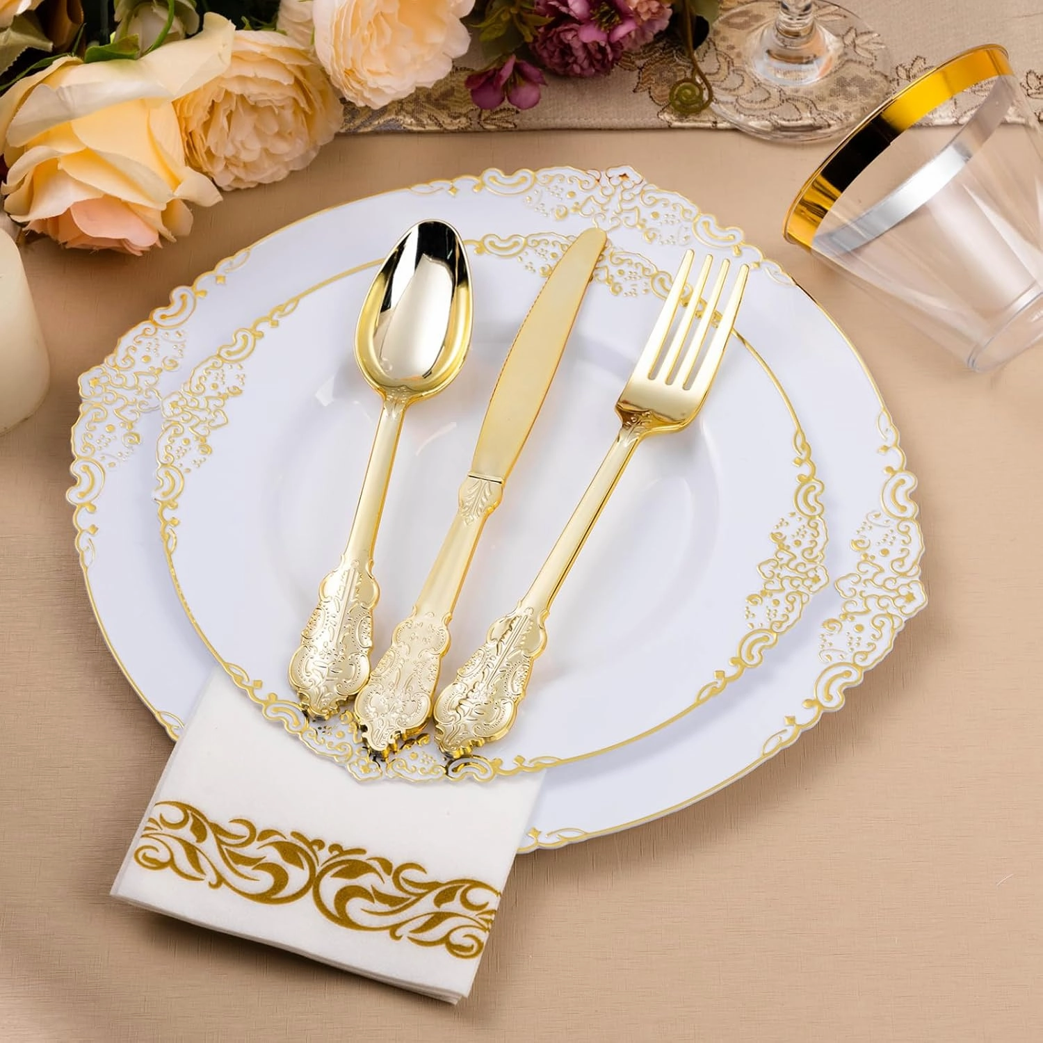 350PCS White and Gold Plastic Plates for 50 Guests, Disposable Dinnerware Set Includes 100 Disposable Plates, 150 Gold Silverware, 50 Cups, 50 Napkins for Party, Wedding
