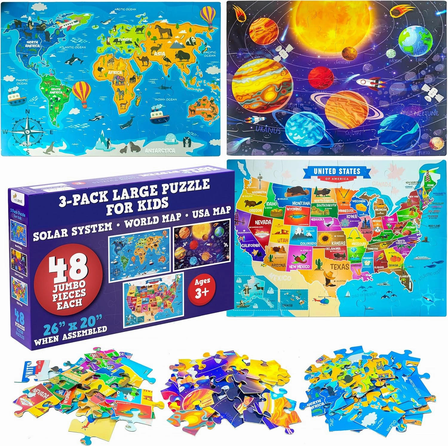 3 Pack Large Floor Puzzles for Kids Ages 4-6 – Extra Thick 48 Piece Puzzles for Toddler Ages 3-8 Jumbo Jigsaw Set - Solar System, World Map, USA Map, 3 in 1 Educational Puzzle Preschool, Children