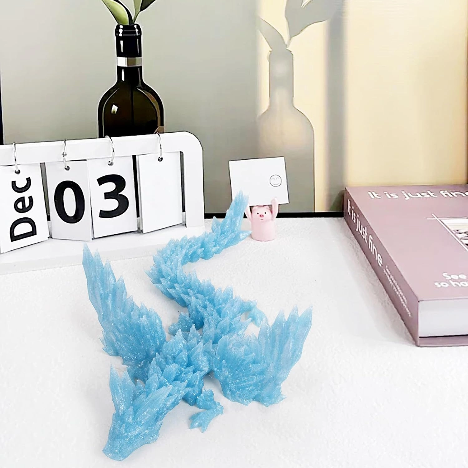 3D Printed Dragon with Wings, 3D Dragon Articulated Winged Dragon, Feathered Wyvern Dragon, Flying Crystal Dragon, Home Office Executive Desk Toys, Gifts for Easter Adults (Ice Blue, 18IN)