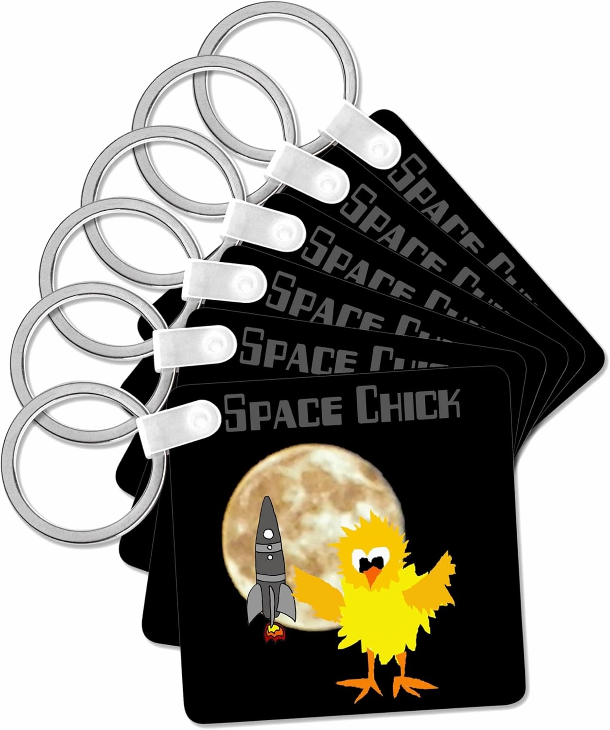 3dRose, Cute Funny Space Chick Chicken with Moon and Rocket ship Cartoon, Key Chain