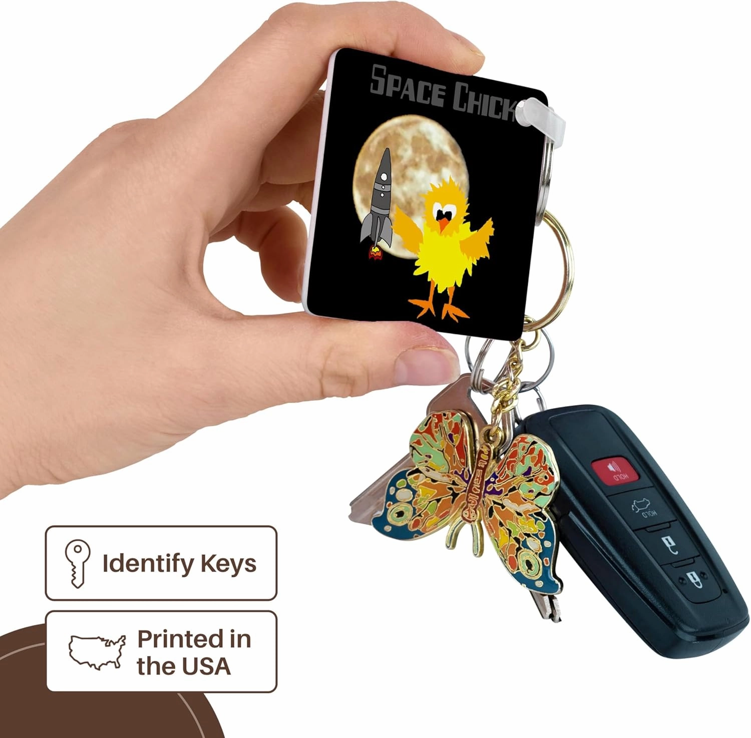 3dRose, Cute Funny Space Chick Chicken with Moon and Rocket ship Cartoon, Key Chain