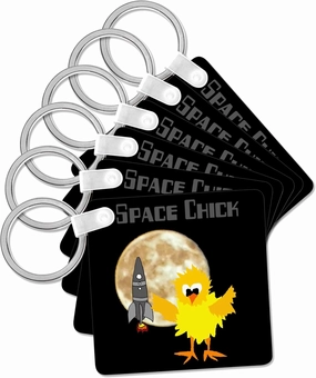 3dRose, Cute Funny Space Chick Chicken with Moon and Rocket ship Cartoon, Key Chain