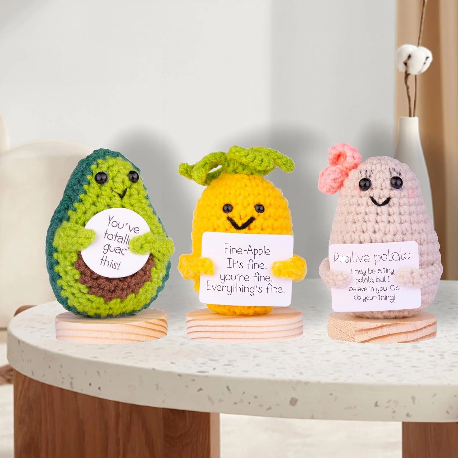 3PCS Handmade Emotional Support Avocado Gift with Positive Card, Cute Crochet Avocado Knitted Doll Decoration with Front Card, Wooden Base for Birthday Gift Home Decoration(A1)
