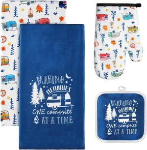 4 Pcs Camping Dish Towels Pot Holders Oven Mitts Set Making Memories One Campsite at a Time RV Kitchen Towels Soft Absorbent Pot Holder Oven Mitt Dish Cloths Hand Towels