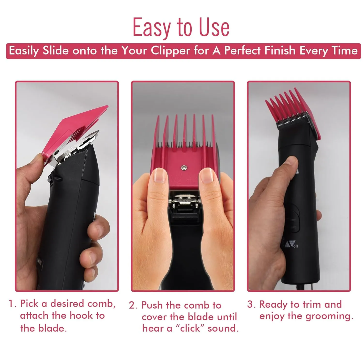 4 Sizes Professional Universal Animal Clipper Replacement Attachment Guard Guide Combs 1/8" 1/4" 3/8" 1/2" Compatible with Oster A5 Style Classic 76 Andis AG, BG Wahl KM Series Pet Clippers (Fuchsia)