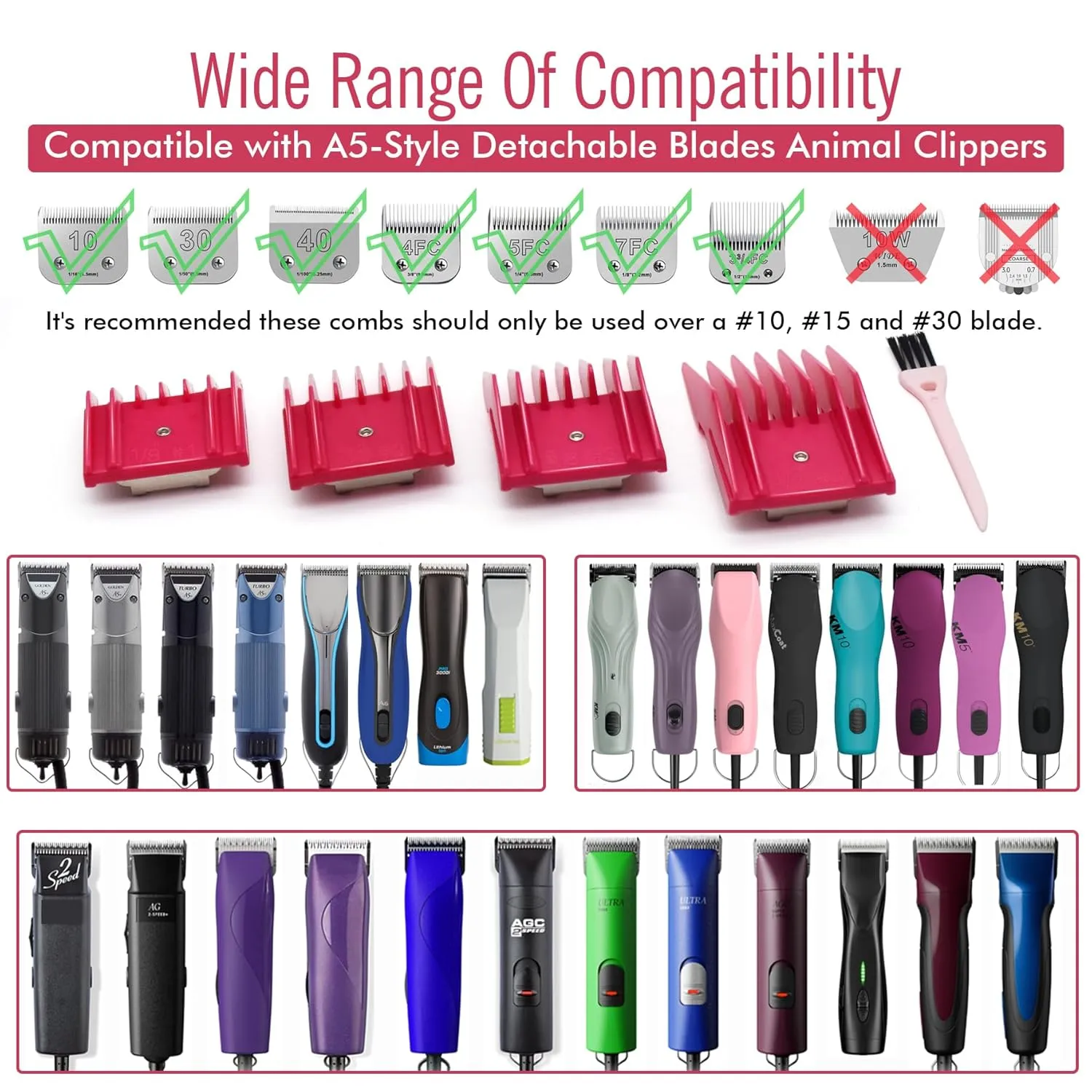 4 Sizes Professional Universal Animal Clipper Replacement Attachment Guard Guide Combs 1/8" 1/4" 3/8" 1/2" Compatible with Oster A5 Style Classic 76 Andis AG, BG Wahl KM Series Pet Clippers (Fuchsia)