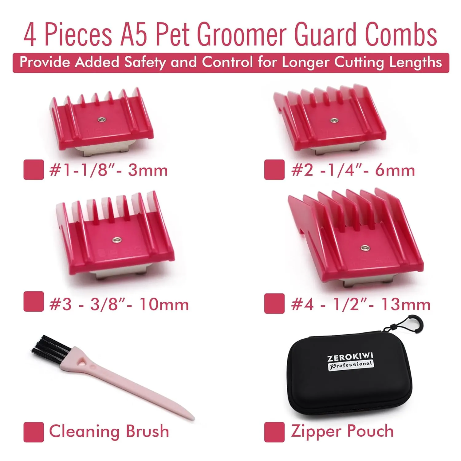 4 Sizes Professional Universal Animal Clipper Replacement Attachment Guard Guide Combs 1/8" 1/4" 3/8" 1/2" Compatible with Oster A5 Style Classic 76 Andis AG, BG Wahl KM Series Pet Clippers (Fuchsia)