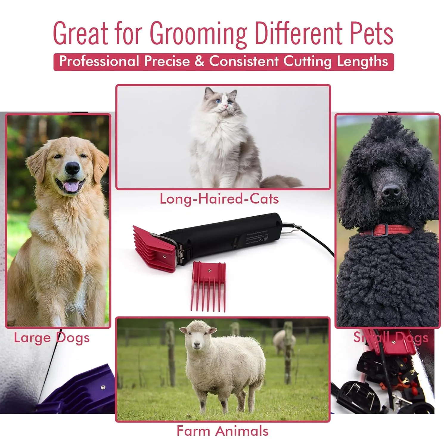 4 Sizes Professional Universal Animal Clipper Replacement Attachment Guard Guide Combs 1/8" 1/4" 3/8" 1/2" Compatible with Oster A5 Style Classic 76 Andis AG, BG Wahl KM Series Pet Clippers (Fuchsia)