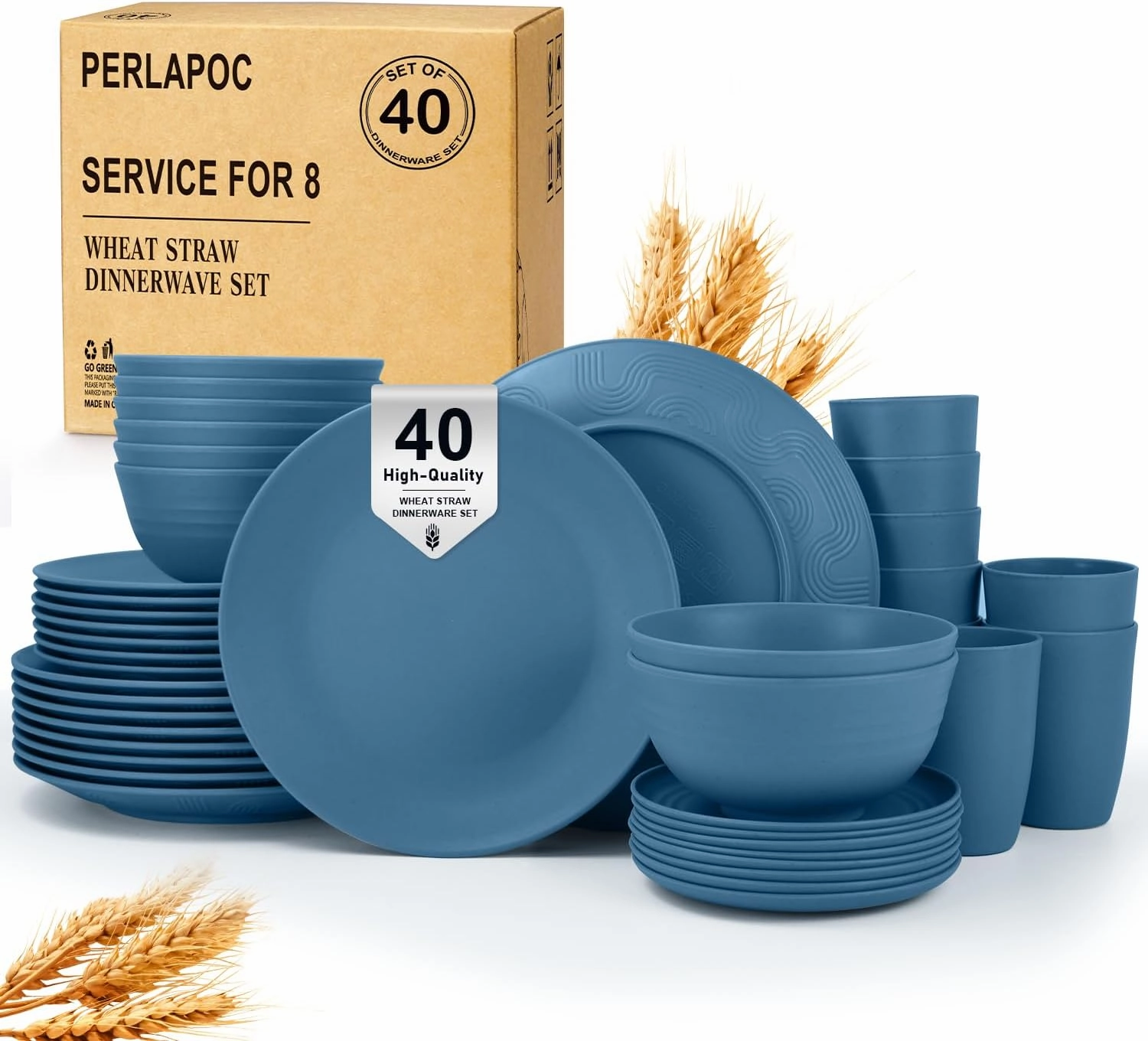 40-Piece Wheat Straw Dinnerware Sets,Unbreakable Dishes Set for 8 - Drinking Cups, Plates and Bowls Sets, Reusable Microwave Safe Dinnerware Set for Home, Outdooor, RVs - Blue