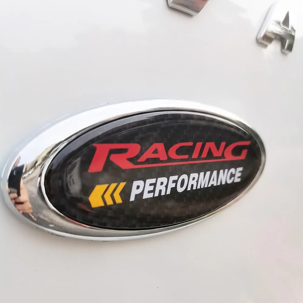 4.5 inch Racing Performance Carbon Fiber Hood Emblem Rear Tailgate Badge Sticker for Ford Compatible with Ford Mondeo/Fox/Sharp World/ F150 F250 F350 99 00 01 02 03 04 (Sliver Base, 4.5 inches)