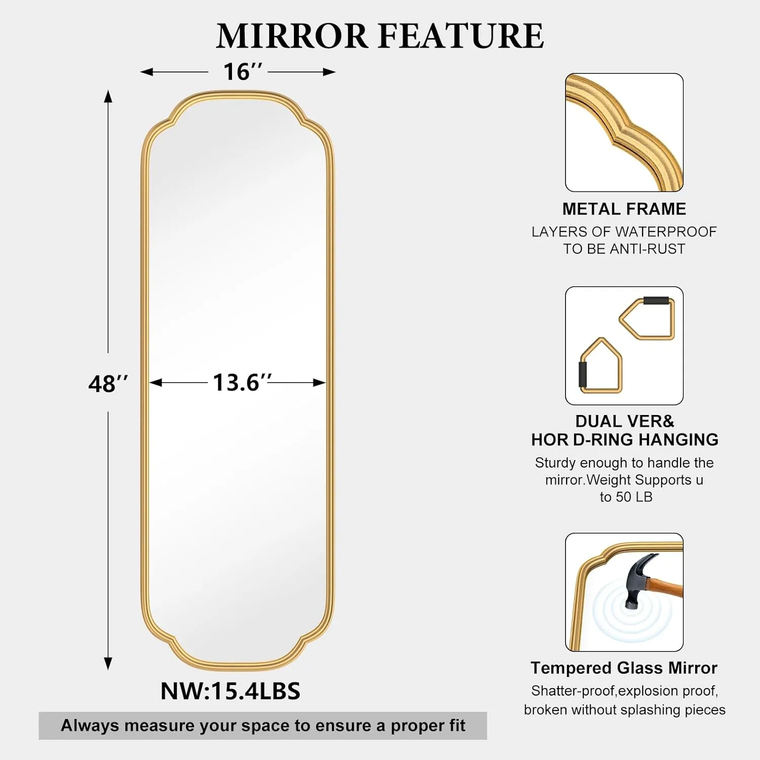 48"x16" Gold Door Mirror Full Length Over The Door with Non-Rusting Metal Frame, Modern Full Body Mirror Bedroom Closet Bathroom