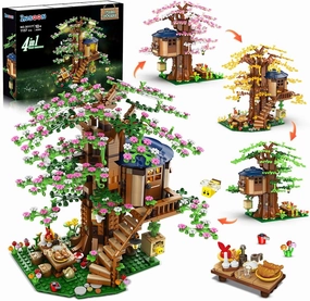 4 in 1 Tree House Building Set with LED Light, 1157 PCS Flowers Treehouse Building Block Toy, Forest Wood House Kit with Bird Bees, Birthday Gift for Adults Teens Kids Girls Boys 10 