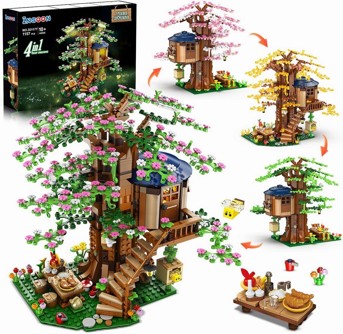 4 in 1 Tree House Building Set with LED Light, 1157 PCS Flowers Treehouse Building Block Toy, Forest Wood House Kit with Bird Bees, Birthday Gift for Adults Teens Kids Girls Boys 10 