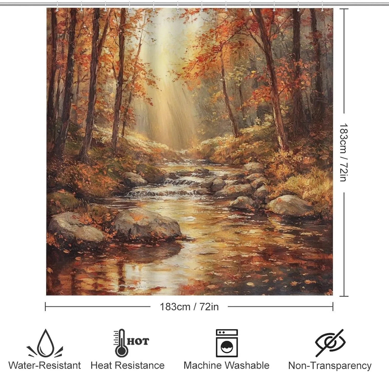 4Pcs Nature Jungle Stream Shower Curtain Set with Rugs, Bath Mat, Toilet Lid Cover, Rock Fall Forest Tree Sunset Shower Curtains Bathroom Curtains Decor, 72 x 72 Inch
