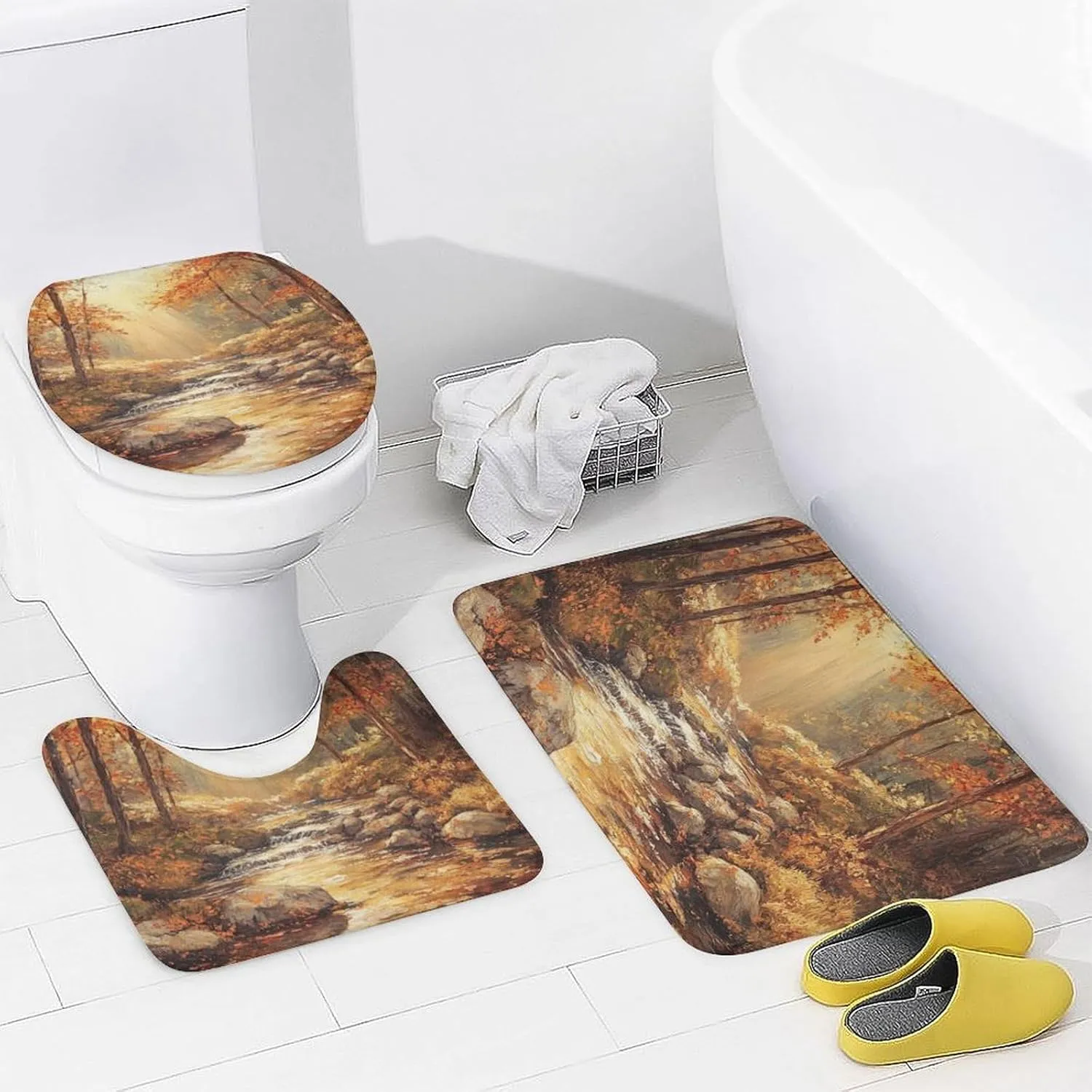 4Pcs Nature Jungle Stream Shower Curtain Set with Rugs, Bath Mat, Toilet Lid Cover, Rock Fall Forest Tree Sunset Shower Curtains Bathroom Curtains Decor, 72 x 72 Inch