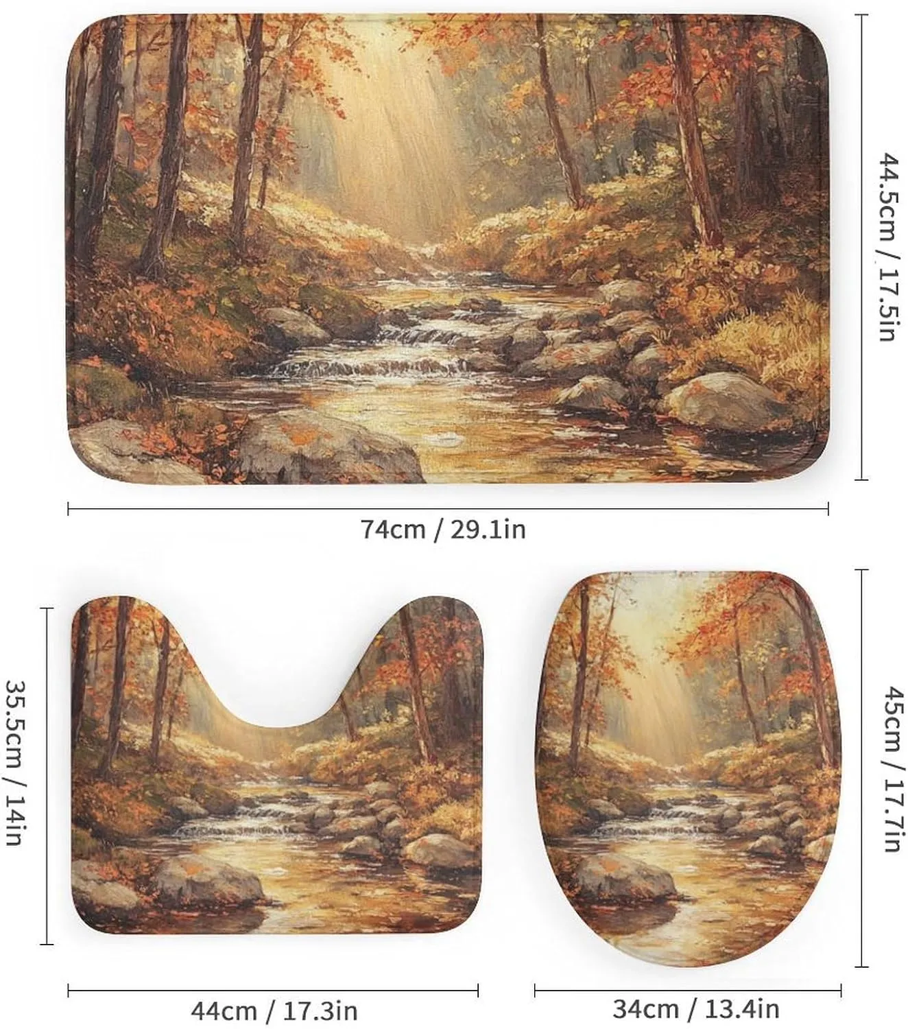 4Pcs Nature Jungle Stream Shower Curtain Set with Rugs, Bath Mat, Toilet Lid Cover, Rock Fall Forest Tree Sunset Shower Curtains Bathroom Curtains Decor, 72 x 72 Inch