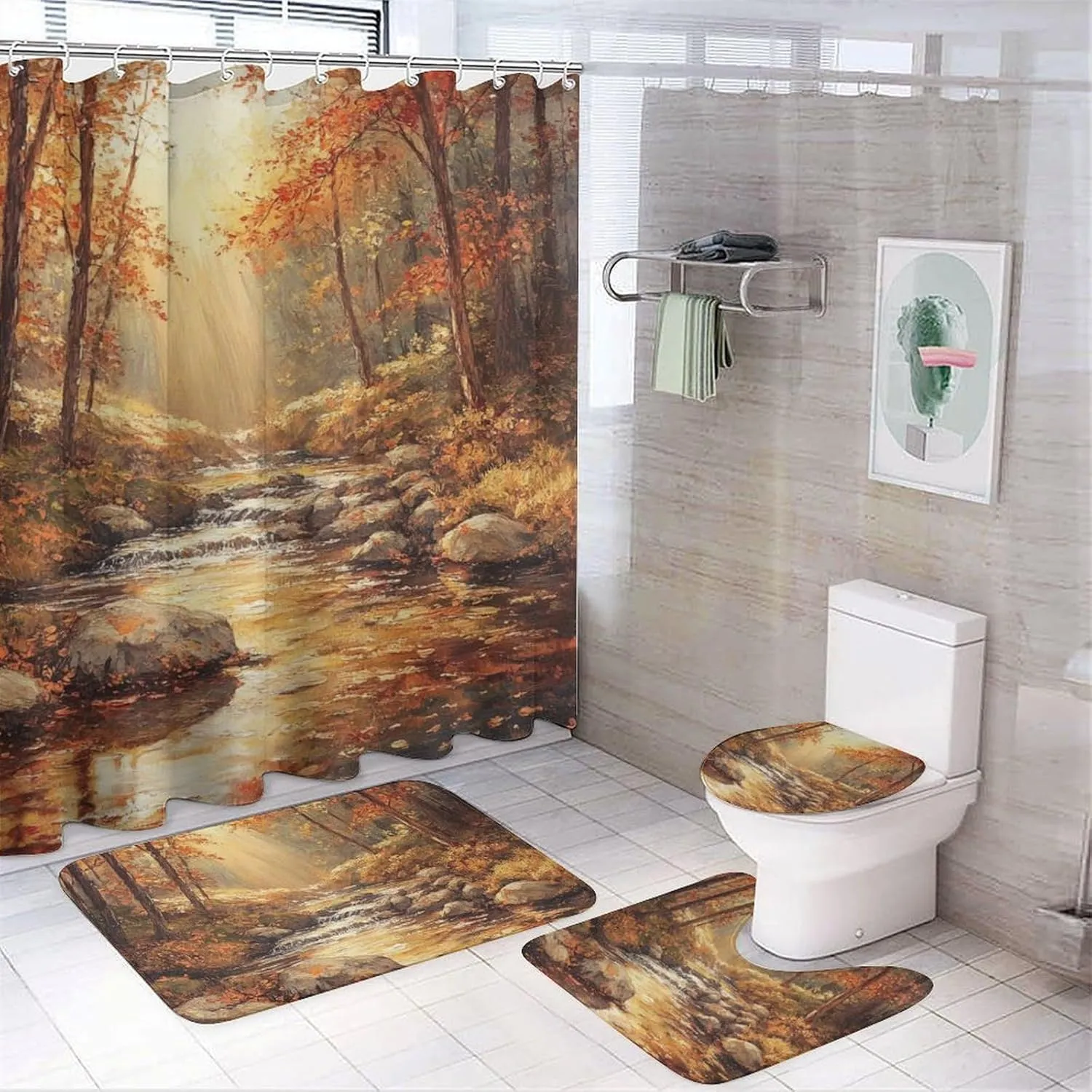 4Pcs Nature Jungle Stream Shower Curtain Set with Rugs, Bath Mat, Toilet Lid Cover, Rock Fall Forest Tree Sunset Shower Curtains Bathroom Curtains Decor, 72 x 72 Inch