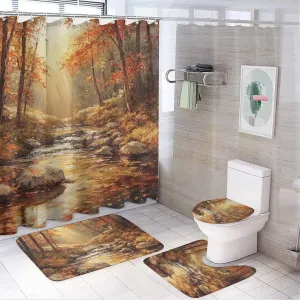 4Pcs Nature Jungle Stream Shower Curtain Set with Rugs, Bath Mat, Toilet Lid Cover, Rock Fall Forest Tree Sunset Shower Curtains Bathroom Curtains Decor, 72 x 72 Inch