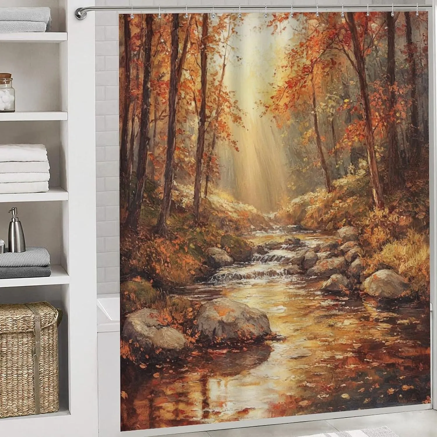 4Pcs Nature Jungle Stream Shower Curtain Set with Rugs, Bath Mat, Toilet Lid Cover, Rock Fall Forest Tree Sunset Shower Curtains Bathroom Curtains Decor, 72 x 72 Inch