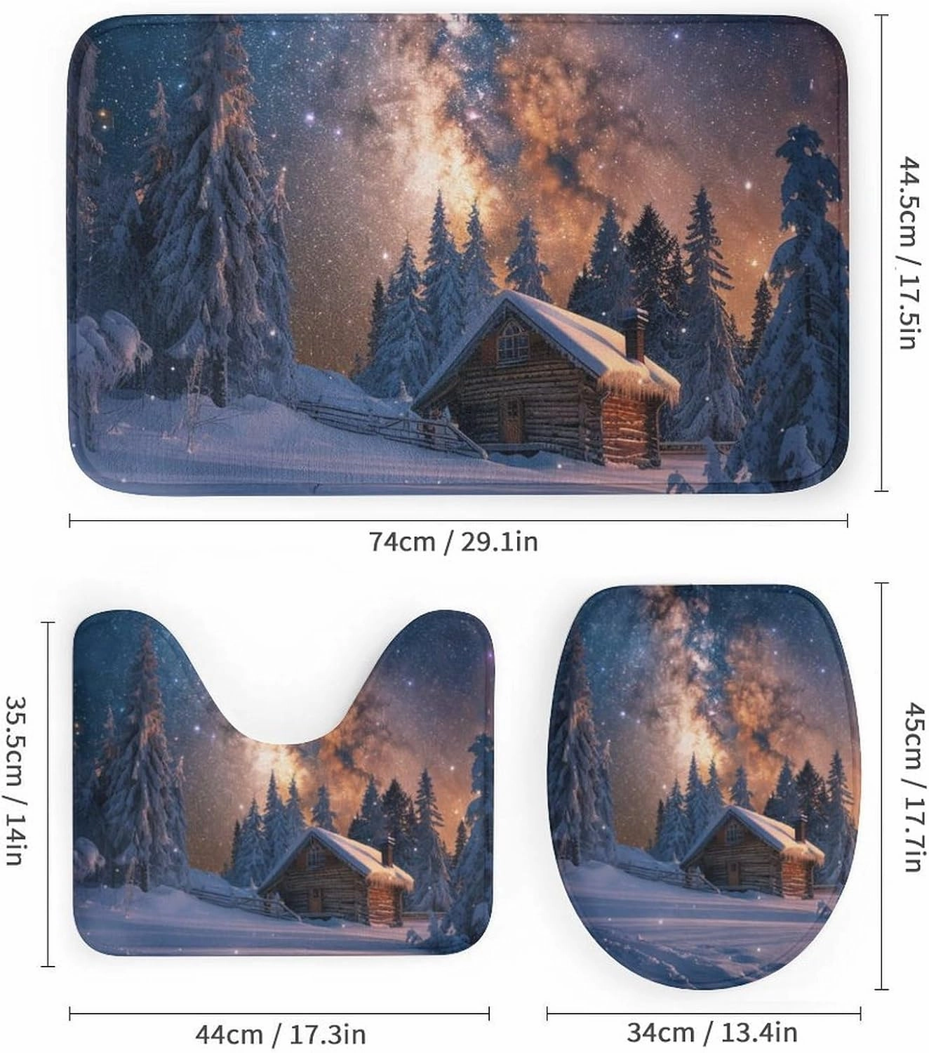 4Pcs Winter Cabin Jungle Shower Curtain Set with Rugs, Toilet Lid Cover and Bath Mat, Fantasy Galaxy Starry Scenery Bathroom Curtains Decor Shower Curtains, 72" x 72"