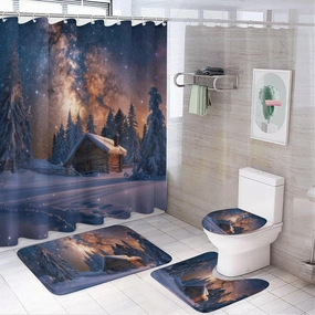 4Pcs Winter Cabin Jungle Shower Curtain Set with Rugs, Toilet Lid Cover and Bath Mat, Fantasy Galaxy Starry Scenery Bathroom Curtains Decor Shower Curtains, 72" x 72"