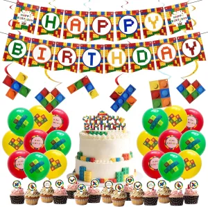 50 Pcs Building Blocks Party Decorations Set, Building Blocks Themed Birthday Decor Colorful Bricks Decorative Supplies Include Banner Balloons Toppers Hanging Swirls for Birthday Party Accessories