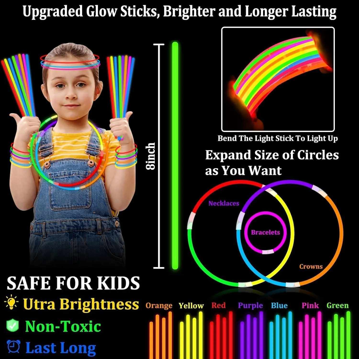 500 Pack Ultra Bright Glow Sticks Bulk Party Pack Glow In The Dark Party Supplies Glow Sticks Necklaces Bracelets with Connectors 8" Glowstick Light Up Toy Birthday Wedding Pool 4th of July Patriotic