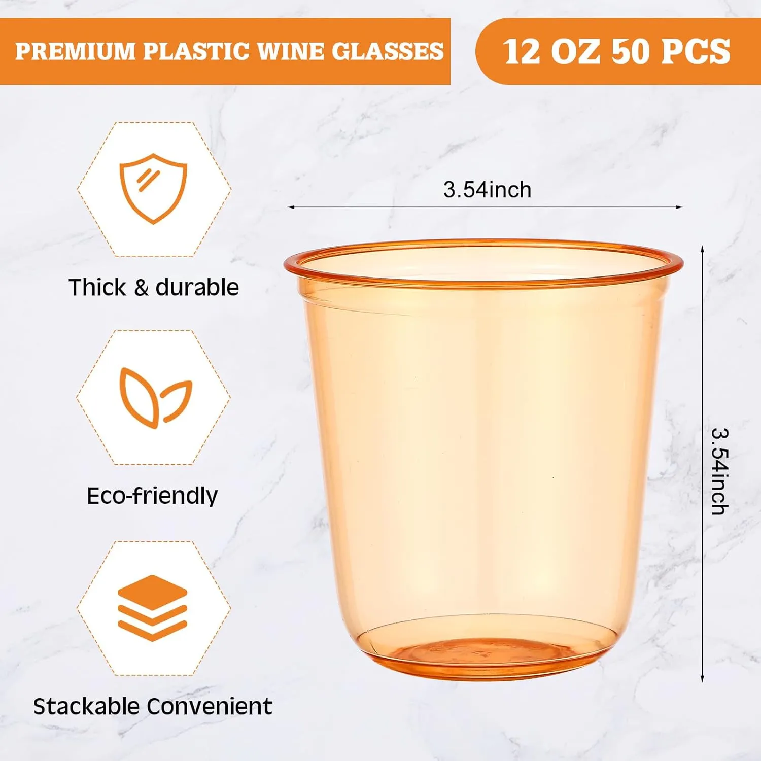 50pcs Disposable Stemless Glasses 12oz Crystal Plastic Wine Glasses Clear Classic Pet Cup for Meeting Weddings Birthdays Cocktail Christmas Party Supplies (Orange)