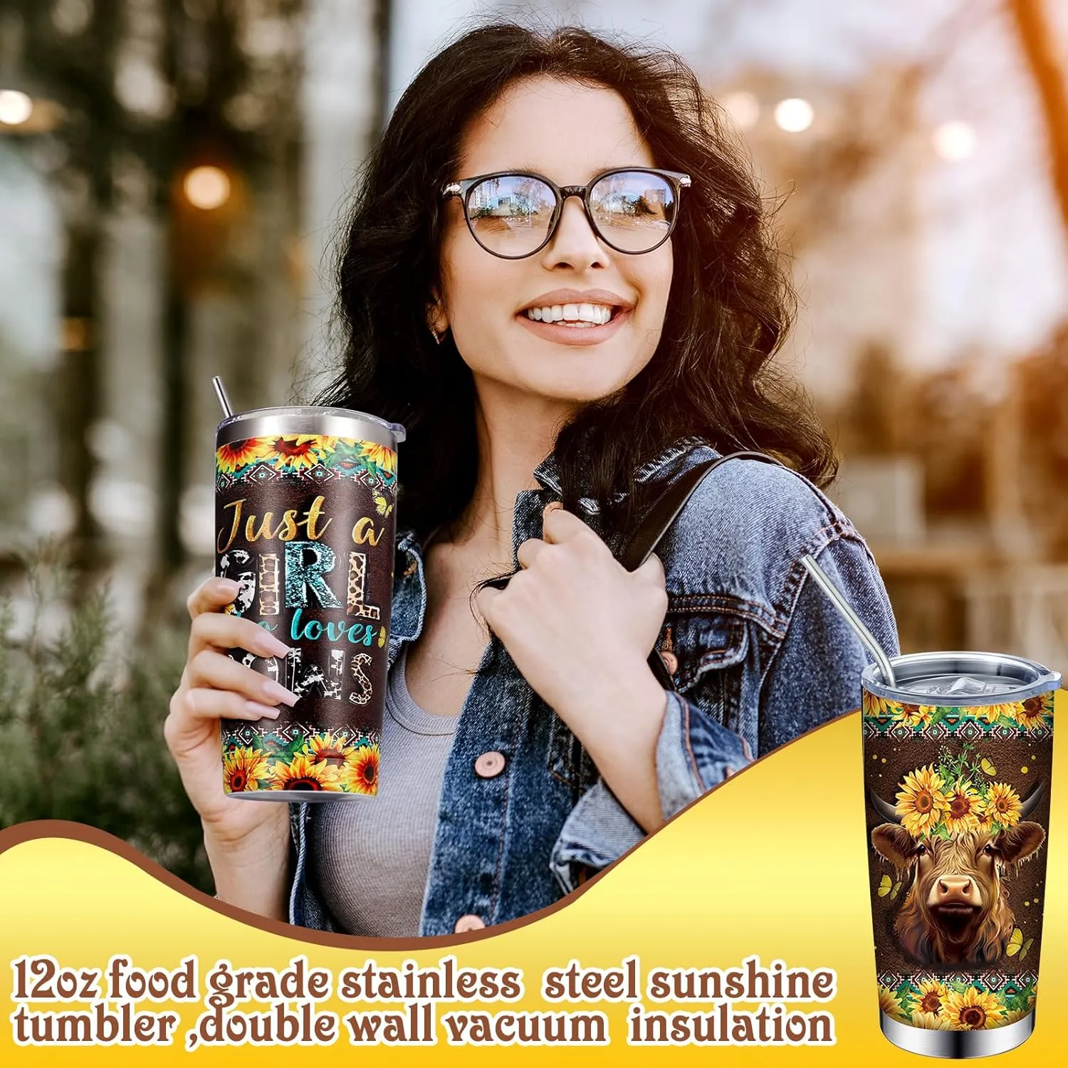 6 Pcs Sunflower Highland Cow Gifts for Women Include 20 oz Just A Little Moody Handbag Stainless Steel Tumbler with Lid Straw Cosmetic Bag Throw Blanket Keychain Socks for Highland Cow Lover
