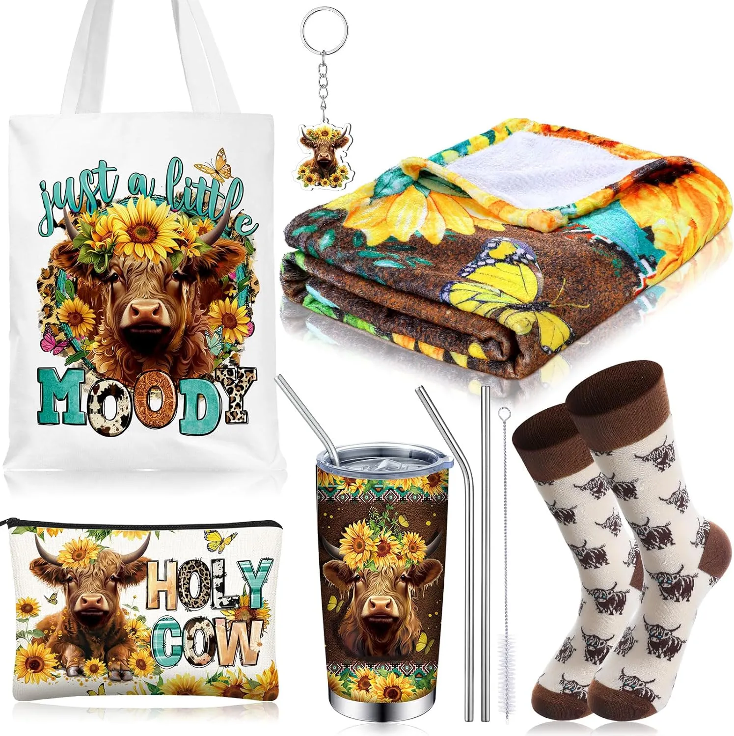 6 Pcs Sunflower Highland Cow Gifts for Women Include 20 oz Just A Little Moody Handbag Stainless Steel Tumbler with Lid Straw Cosmetic Bag Throw Blanket Keychain Socks for Highland Cow Lover