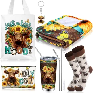 6 Pcs Sunflower Highland Cow Gifts for Women Include 20 oz Just A Little Moody Handbag Stainless Steel Tumbler with Lid Straw Cosmetic Bag Throw Blanket Keychain Socks for Highland Cow Lover